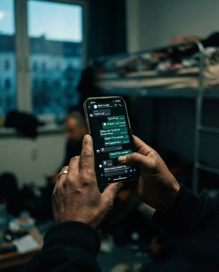 Hände halten ein Smartphone mit mehrsprachigem Gruppenchat
